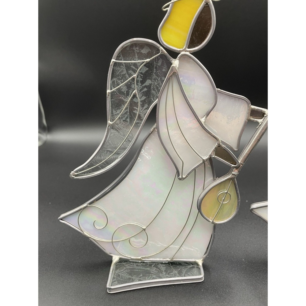 Vintage Stained Glass Angels With Instruments Set Of Two - Picture 8 of 14